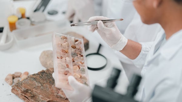 Student studying rocks